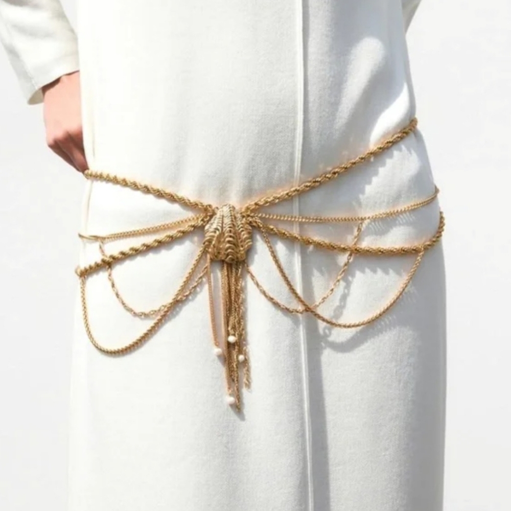 NWT Zara Shell Gold and Pearl Adjustable Chain Belt Size 30